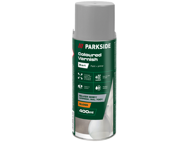 Srebrno siv 2-v-1 (barva + premaz) barvni lak v spreju, 400 ml, z visokim sijajem.