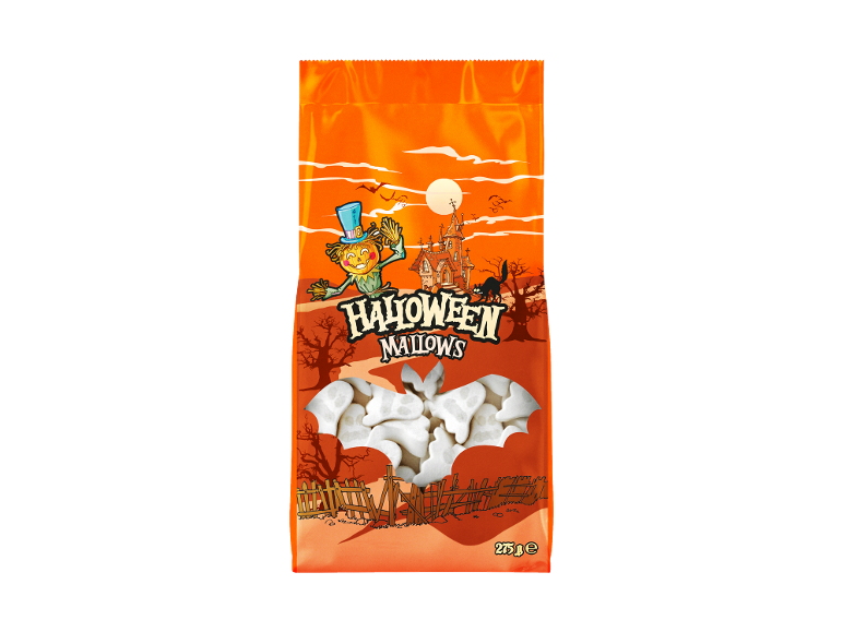 Halloween Mallows 275g vrečka s penastimi bonboni v obliki duhov, vidnimi skozi okno v obliki netopirja