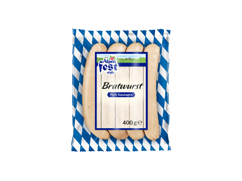 Paket svinjskih klobas Bratwurst z modro-belim rombastim vzorcem, 400g.