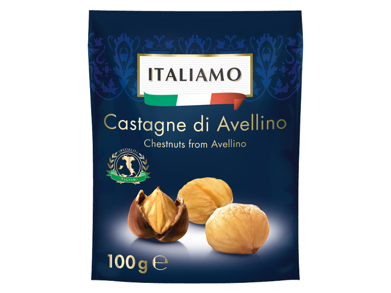 Kostanj iz Avellina v temno modri embalaži z zlatim besedilom in italijansko zastavo.