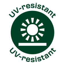 Temno zelen okrogel logotip z belim soncem in besedilom „UV-resistant“ zgoraj in spodaj.