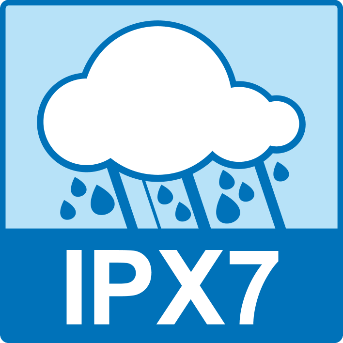 Oznaka IPX7, ki označuje zaščito pred začasno potopitvijo v vodo.