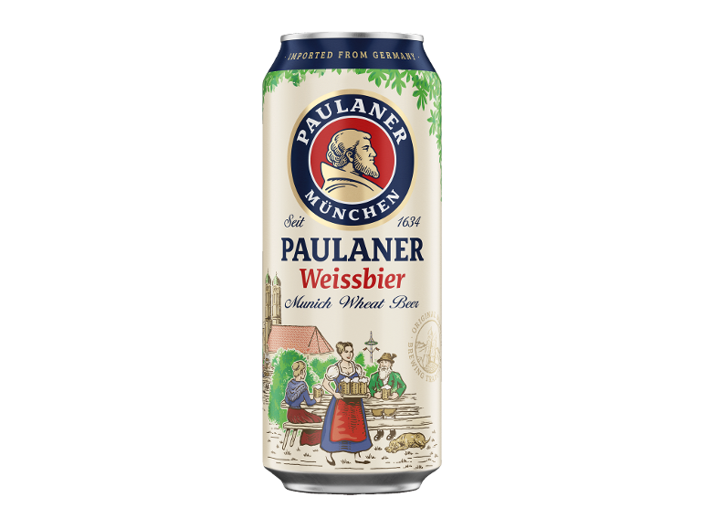 Pivo iz pšeničnega slada v pločevinki z ilustracijo tradicionalne bavarske scene.