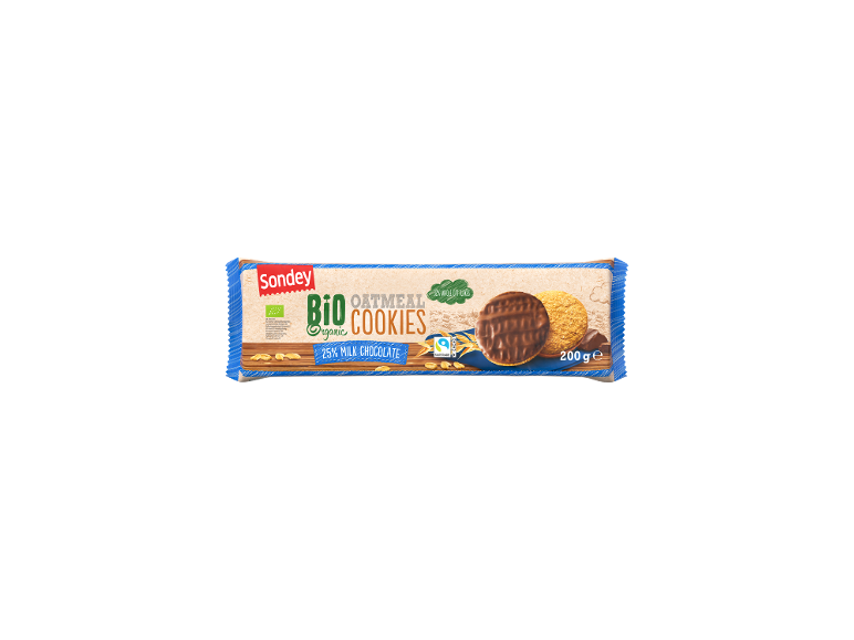 Ekološki ovseni piškoti s 25% mlečne čokolade in 32% celih ovsenih kosmičev, 200g.