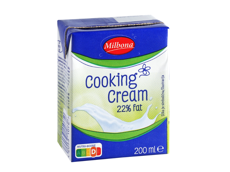 Pakiranje smetane za kuhanje z 22 % maščobe, 200 ml, z oznako Nutri-Score D.