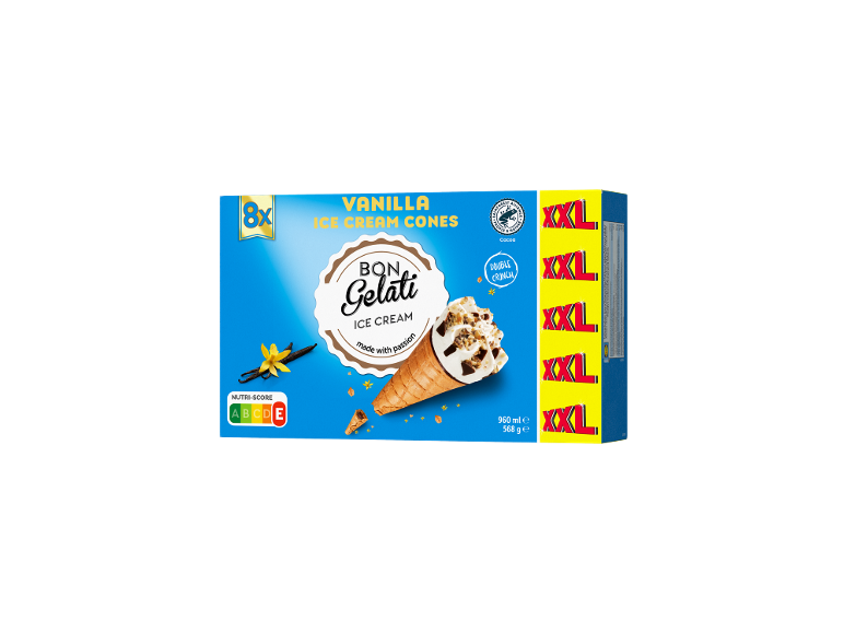 Škatla z 8 vanilijevimi sladolednimi korneti, z oznako „XXL“ in Nutri-Score A.