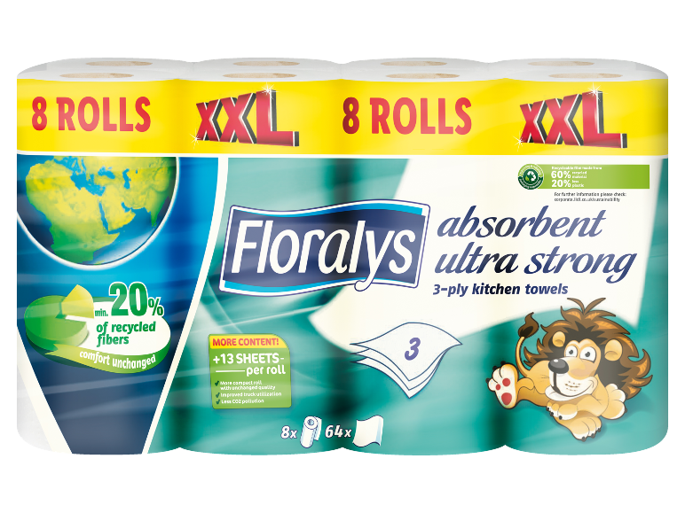 8 XXL zvitkov ultra močnih 3-slojnih kuhinjskih brisač, z 20 % recikliranih vlaken.