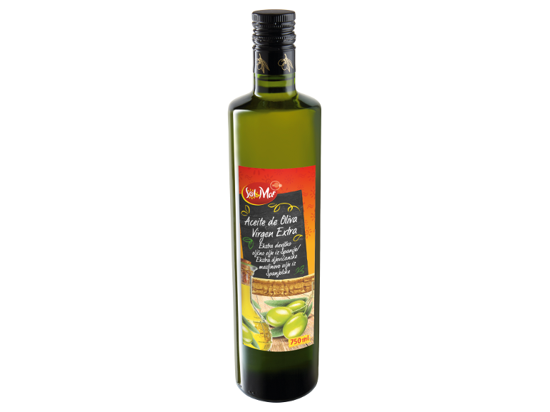 Steklenica ekstra deviškega oljčnega olja 750 ml z rdečo in črno etiketo.