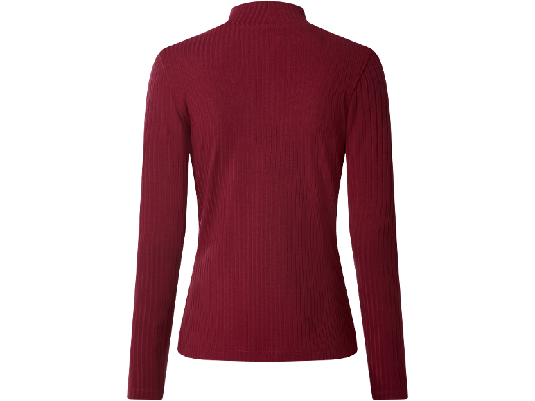 Bordo ženska bluza z dolgimi rokavi in visokim ovratnikom, z rebrasto tkanino.