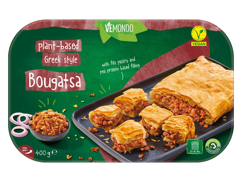 Rastlinska Bougatsa grškega stila s filo testom in nadevom iz grahovih beljakovin.
