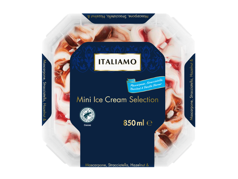 Izbor mini sladoledov mascarpone, stracciatella, lešnik in vanilija, 850 ml.