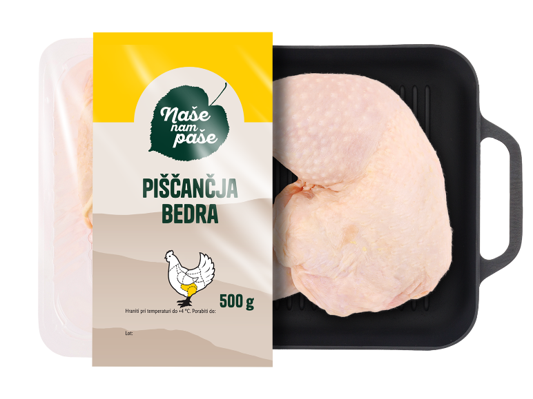 Pakirana sveža piščančja bedra, 500g, z navodili za shranjevanje.