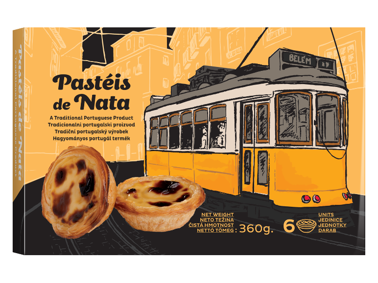 Škatla Pastéis de Nata z lizbonskim tramvajem in dvema pecivoma.