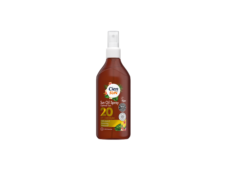 Sprej za sončenje z oljem SPF 20 za optimalno porjavitev, z vitaminom E in vodoodporen.