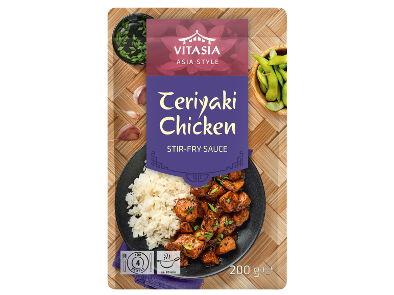 Embalaža omake za teriyaki piščanca, z rižem, česnom in edamame.