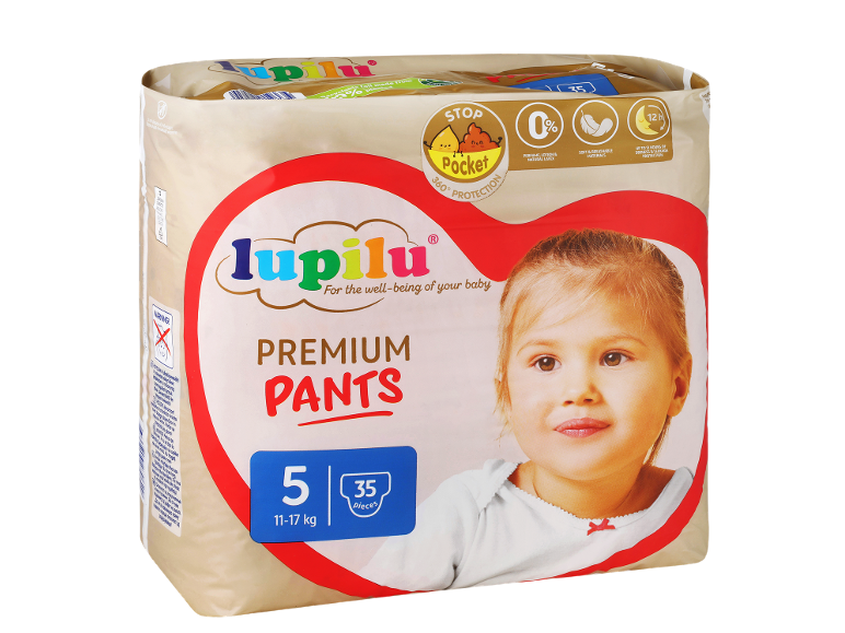 Lupilu Premium Pants plenice-hlačke, velikost 5 (11-17 kg), 35 kosov, z 12-urno zaščito pred puščanjem.