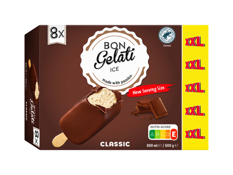 Škatla z 8 klasičnimi sladolednimi lučkami s čokoladnim prelivom, ki prikazuje novo velikost porcije in Nutri-Score.