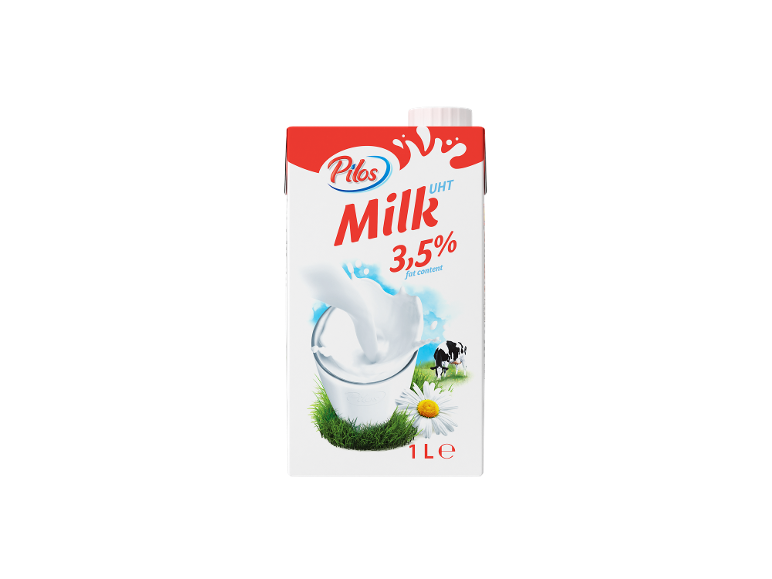Karton UHT mleka z 3,5% maščobe, s kozarcem mleka, travo in kravo.
