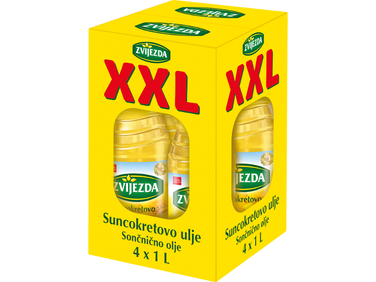 Rumena embalaža 4 x 1-litrskih steklenic sončničnega olja, z rdečim napisom „XXL“.