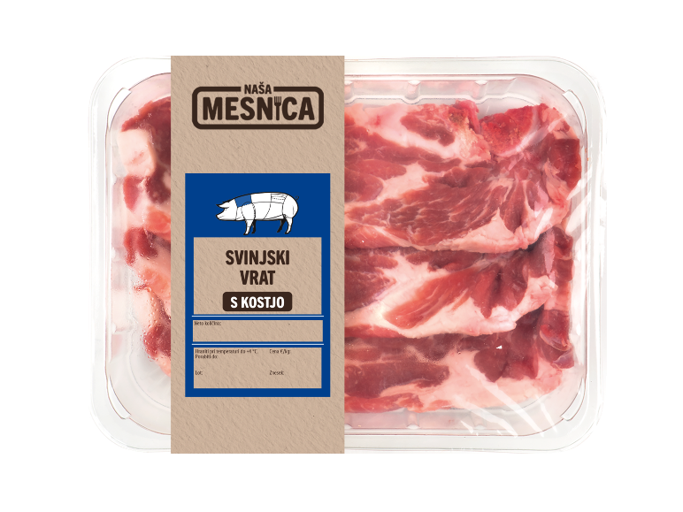 Pakiranje svinjine z etiketo 'Svinjski vrat s kostjo'.