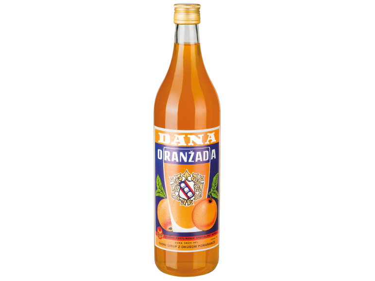 Pomarančni sirup v steklenici z modro-oranžno etiketo