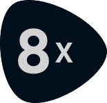 Črna značka s sivim besedilom „8x“.