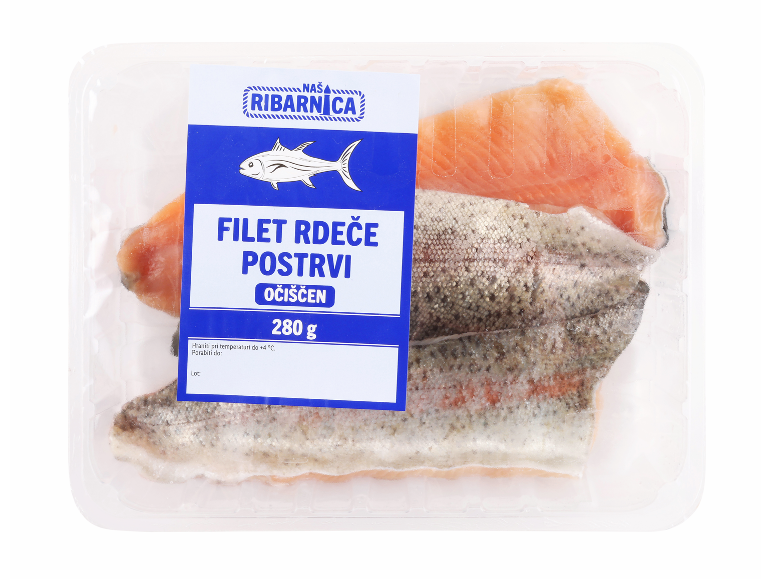 Pakiran očiščen filet rdeče postrvi, 280 g, z navodili za shranjevanje.