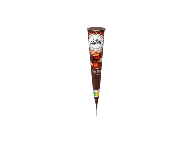 Sladoled z okusom kole v rjavi embalaži z napisom 'made with passion' in Nutri-Score C.