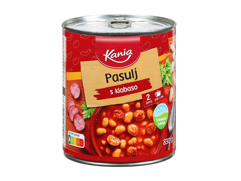 Konzerva fižola s klobaso, z Nutri-Score A in oznako slovenskega izdelka.
