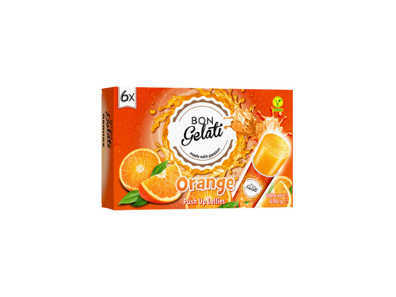 Škatla s 6 pomarančnimi sladoledi na palčki, z besedo „VEGAN“ in prostornino.