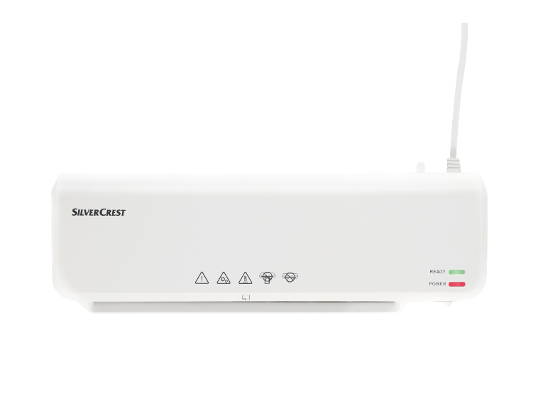 Beli laminator z lučkami 'READY' in 'POWER' ter opozorilnimi simboli.