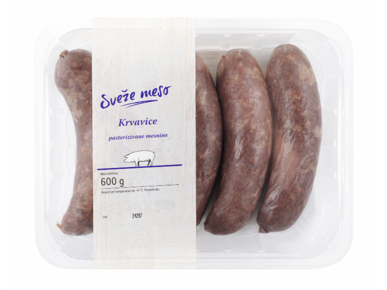Pakirane pasterizirane krvavice, 600 g, z besedilom v cirilici.