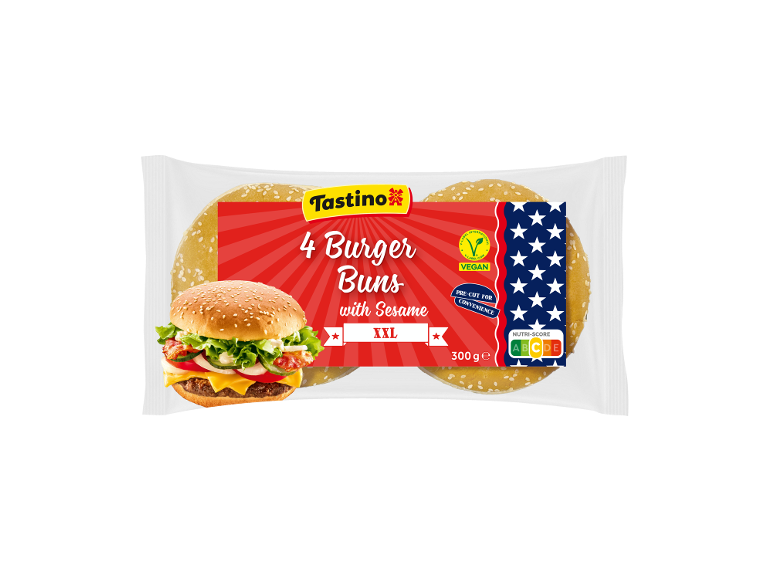 Pakiranje 4 burger žemljic s sezamom, z motivom burgerja in informacijami o veganskem izdelku.