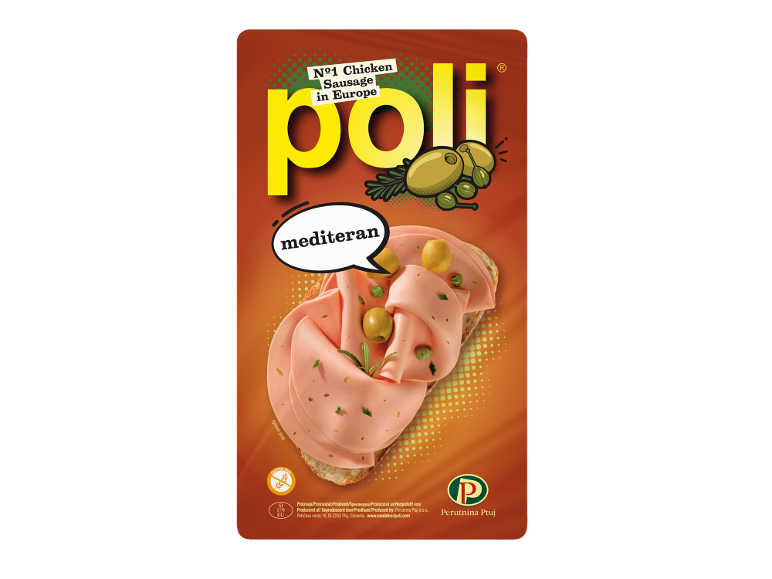 Piščančja klobasa z olivami in zelišči, označena kot 'mediteran' in 'Nº1 Chicken Sausage in Europe'.