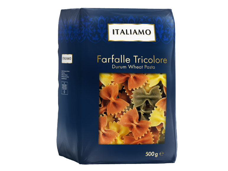 Paket 500g testenin Farfalle Tricolore iz trde pšenice.