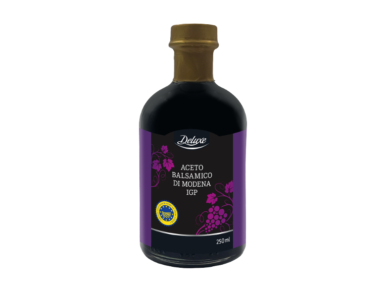 Steklenica balzamičnega kisa iz Modene IGP, 250 ml, z vijolično etiketo in zlatim pokrovčkom.