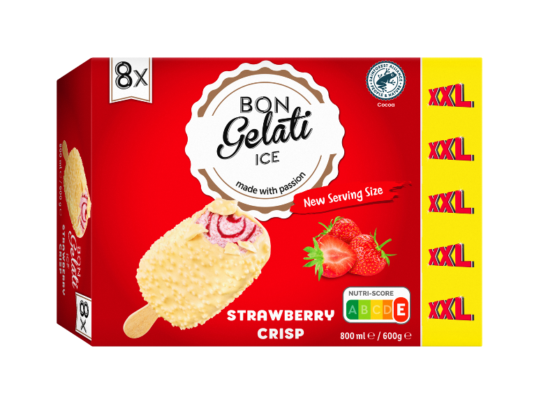 Škatla 8 jagodnih sladoledov z belo čokolado, 800 ml.