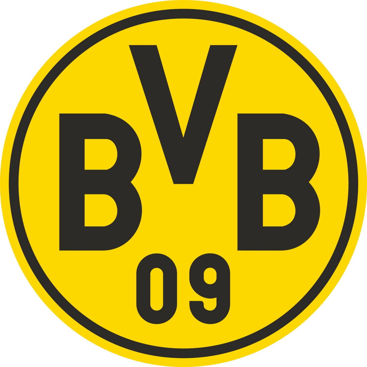 Rumen okrogel pečat s črnim robom in črnim besedilom „BVB 09“.