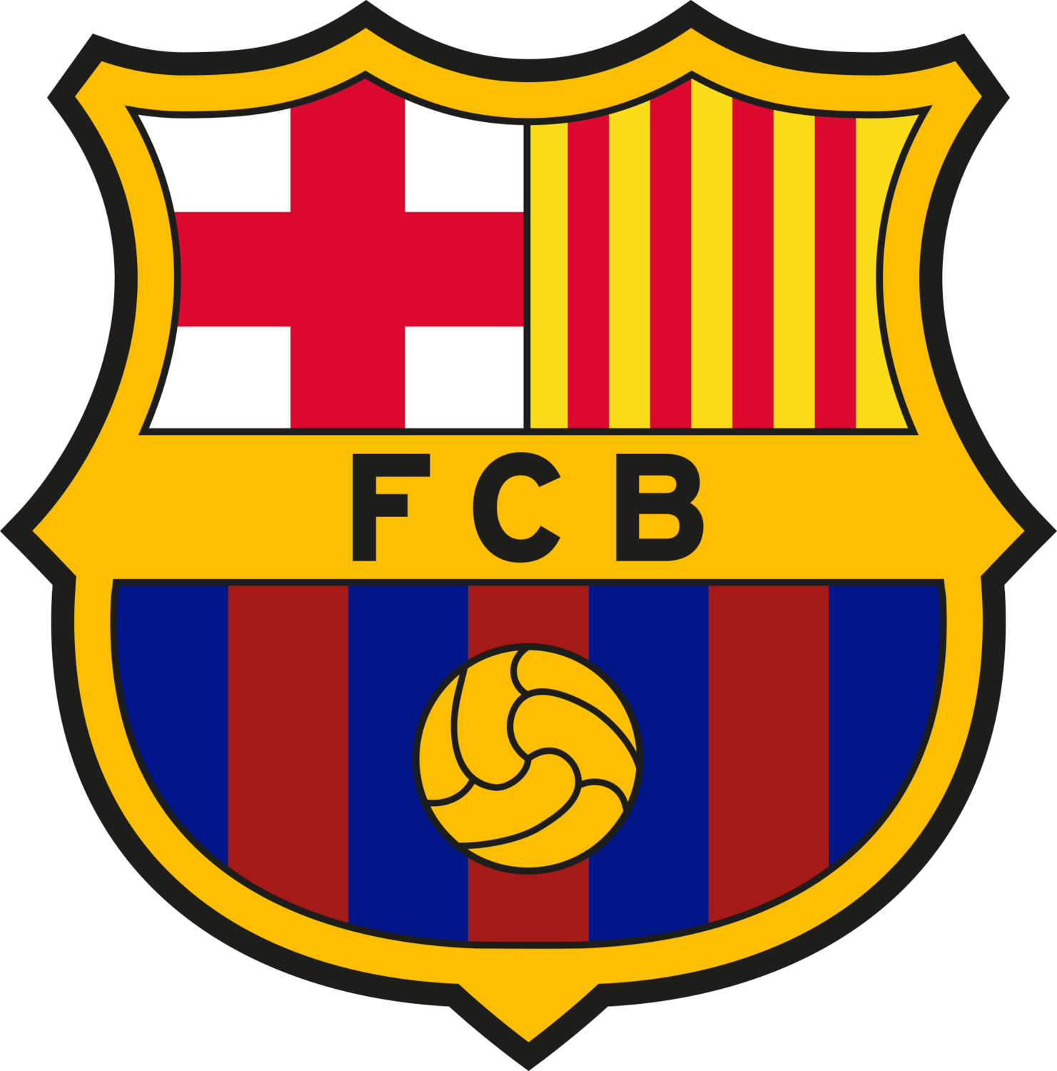 Ščit z rdečim križem, rumenimi in rdečimi črtami, črkami FCB in nogometno žogo.