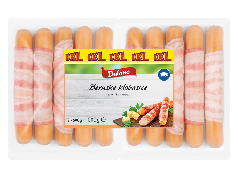 XXL bernske klobase s sirom in slanino, pakirane v dveh 500g pladnjih.