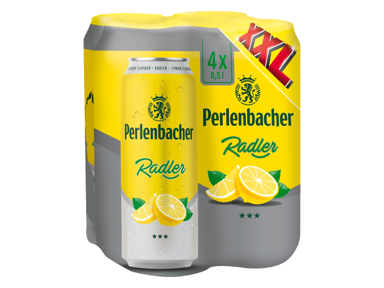 Paket 4 pločevink piva Radler z okusom limone, vsaka 0,5L, s svežimi limonami.