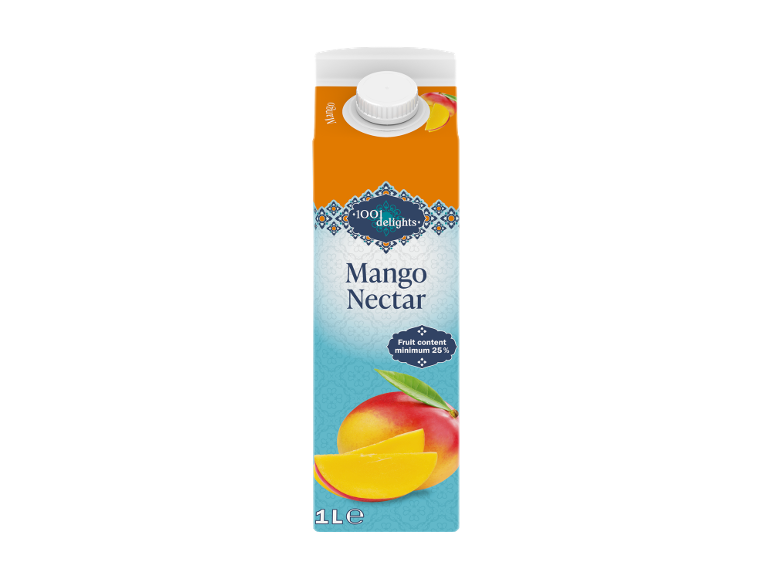 Pakiranje mango nektarja z mangovimi sadeži in napisom „Fruit content minimum 25%“.