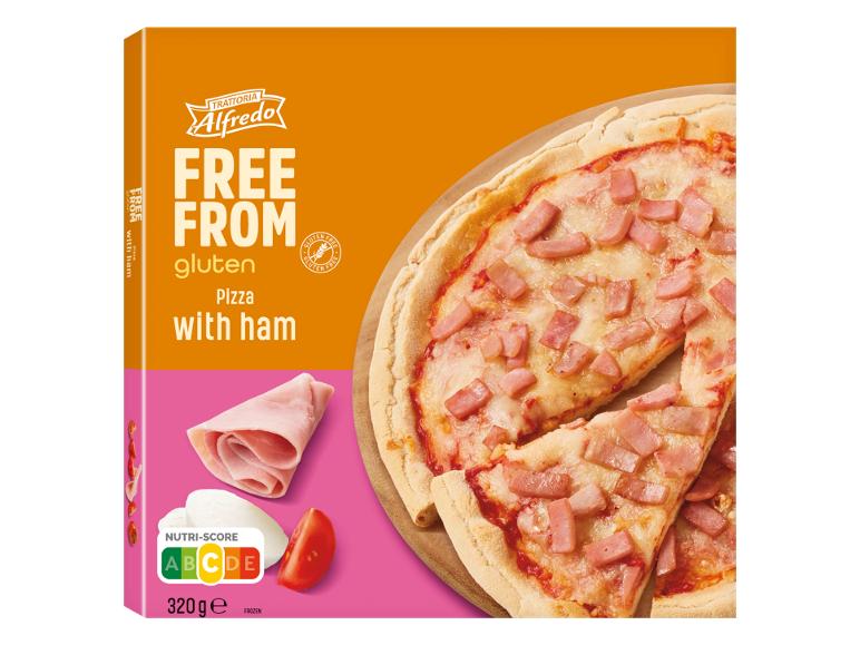 Brezzglutenska pica s šunko, z Nutri-Score C in 320g.