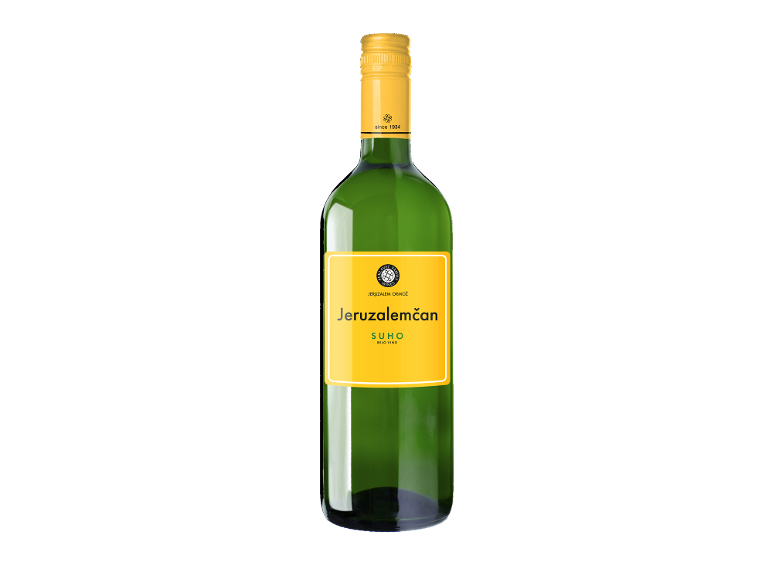 Zelena steklenica z rumeno etiketo in napisom »Jeruzalemčan SUHO BELO VINO«.