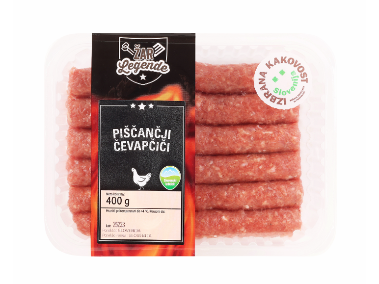 Pakirani piščančji čevapčiči, 400 g, z etiketo, ki označuje slovensko poreklo.