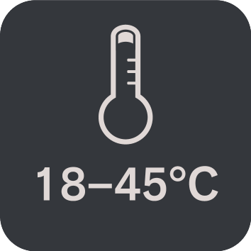 Priporočena temperatura: 18-45°C, z ikono termometra.