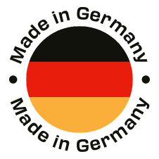Okrogel pečat „Made in Germany“ z barvami nemške zastave.
