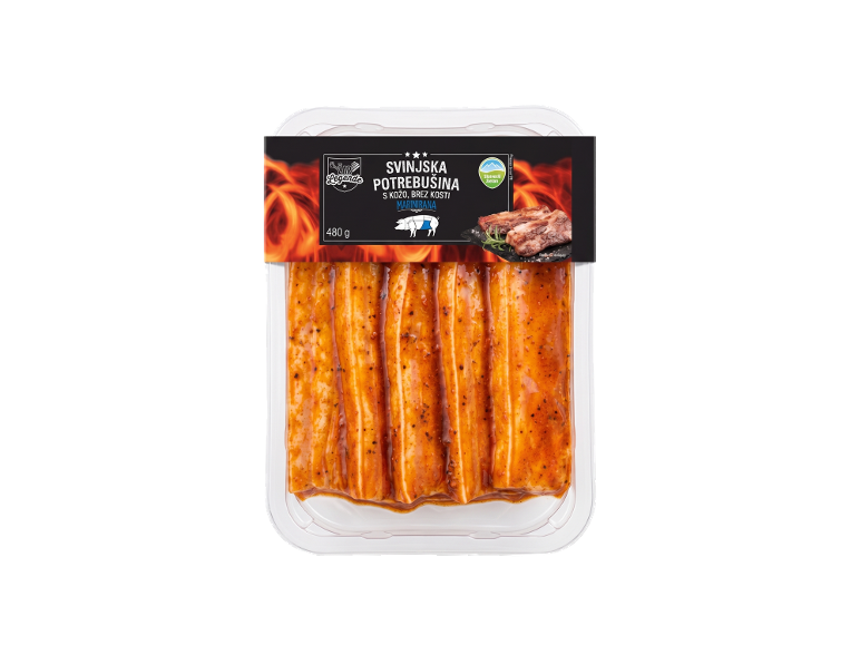 Marinirana svinjska potrebušina s kožo, brez kosti, 480 g.