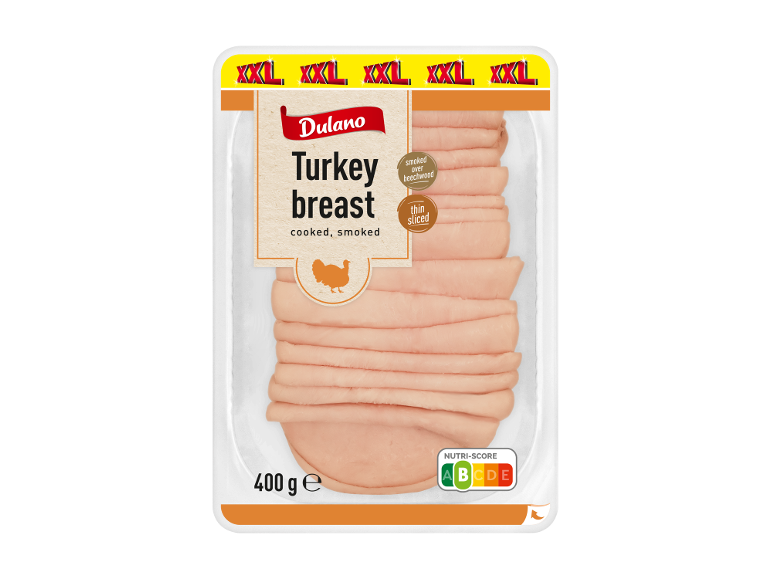 Dimljena, kuhana, tanko narezana puranja prsa v embalaži z Nutri-Score.