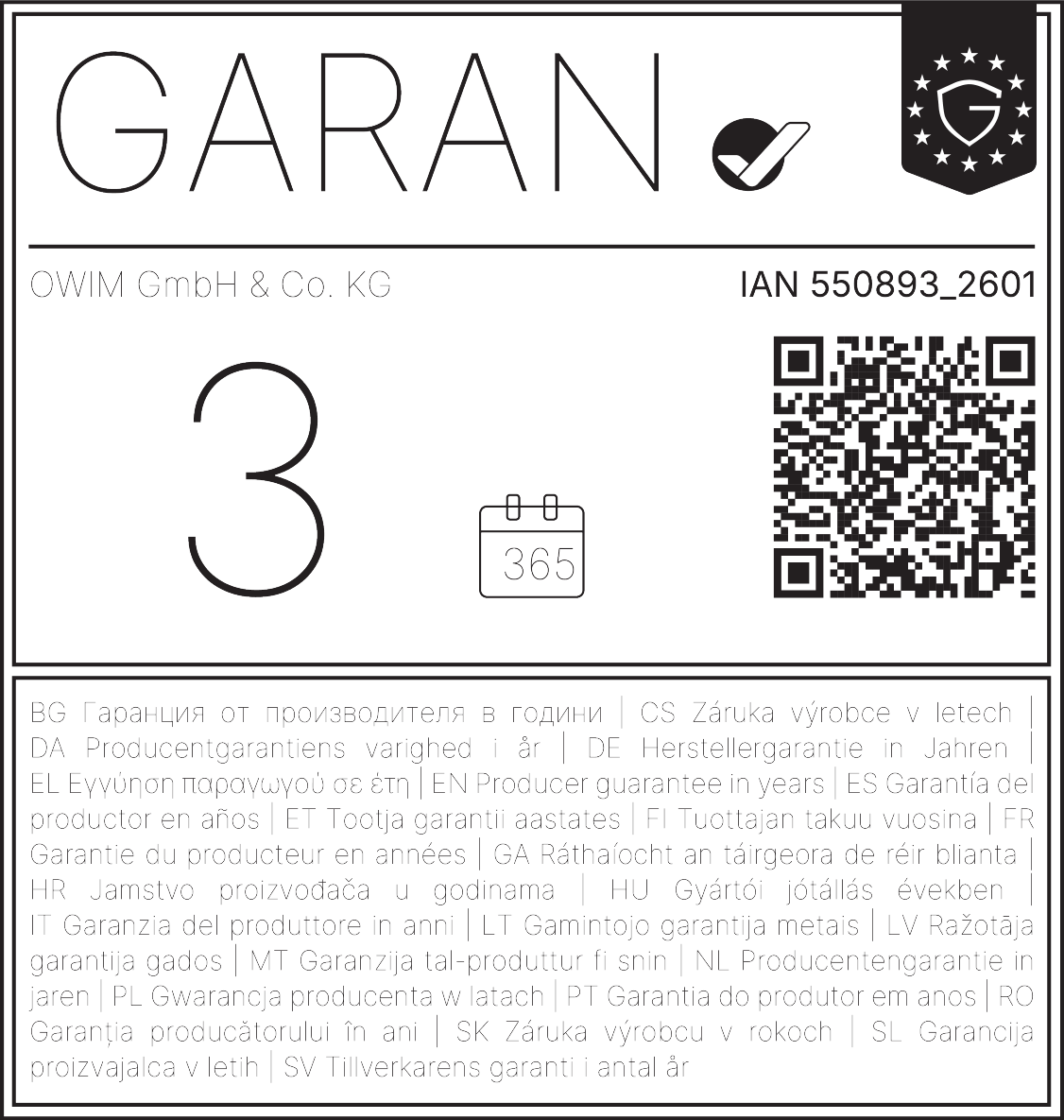 Garancija 3 leta, 365 dni. IAN 550893_2601.